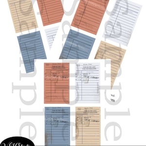 Karty biblioteczne Vintage Checkout w 4 kolorach, wydrukowany arkusz kolażu, cyfrowe pobieranie, karty biblioteczne, antyczne, zwykłe, śmieciowe etykiety do dzienników, efemerydy