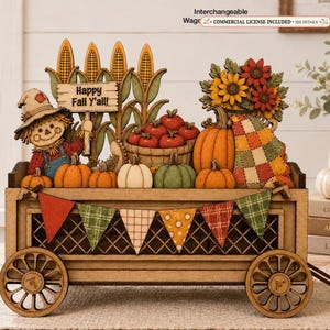 Fall Wagon Insert SVG | 3 Tier Interchangeable Autumn Decor | Scarecrow Pumpkin Corn Laser Cut File