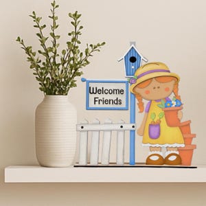 Benvenuti, amici, ragazza in giardino, pianta, signora, seduta sullo scaffale, SVG, carino, file 3D in formato SVG, taglio laser, set png, pdf, ai, svg, download immediato. Tema giardino