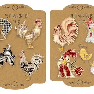 May include: Two sets of 3D rooster magnets on brown cardboard backing. The magnets feature various rooster designs with fabric patterns in blue, black, white, and red. The text "3-D MAGNETS SVG" is printed on the top of the cardboard.