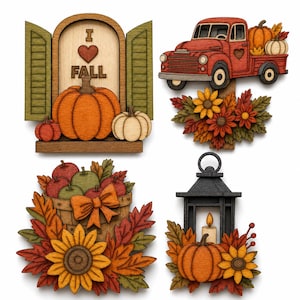 Könnte beinhalten: Ein Set aus vier geschichteten Holzdekorationen zum Thema Herbst, bestehend aus einem Fenster mit Kürbissen und dem Text I LOVE FALL, einem roten LKW mit Kürbissen, einem Korb mit Äpfeln und Sonnenblumen sowie einer schwarzen Laterne.