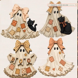 Patchwork ghost Precut woodcraft kit | Antique  set 4 Halloween ghost DIY | cozy fall wood blanks | laser cut spooky decor