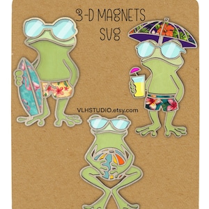 May include: Three 3-D magnets featuring cartoon frogs in sunglasses and swim trunks. One frog holds a surfboard, another a drink, and the third a beach ball. The magnets are on a brown card with the text "3-D MAGNETS SVG" and "VLHSTUDIO.etsy.com".