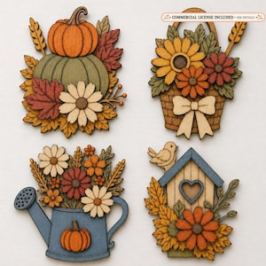 Set di file SVG per decorazioni autunnali / Zucca autunnale, fiori, cesto, annaffiatoio, casetta per uccelli / File di taglio laser a strati - Vassoio a più livelli