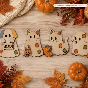 Patchwork ghost pets SVG laser file   | set 4 layered Halloween ghost dog cat ornaments DIY