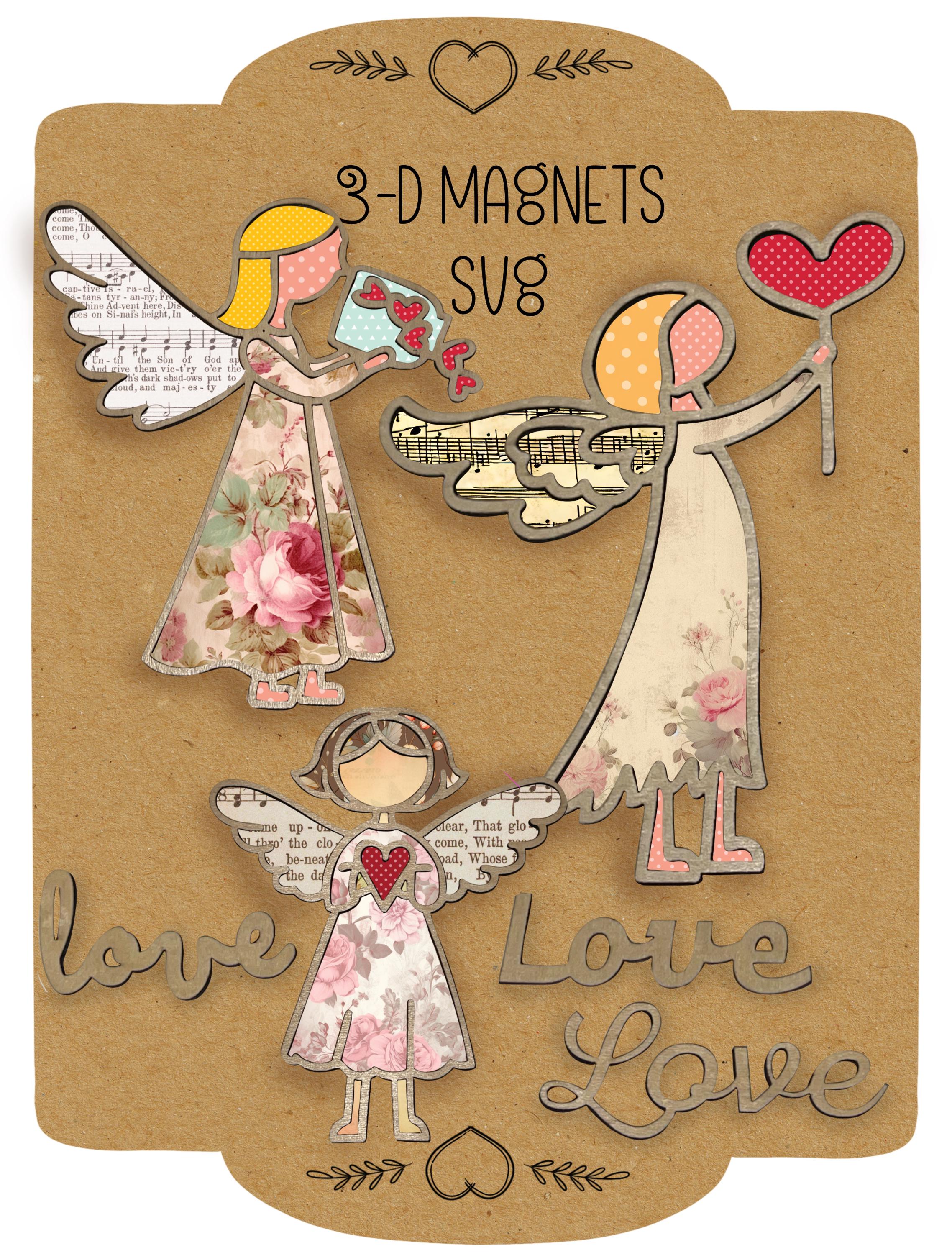 Angel love hearts decor svg laser cut file. valentine magnet set. PDF, SVG, DCX holiday decor instant download  Glowforge cut file