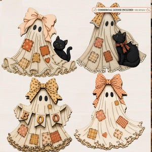 Patchwork ghost SVG File download kit | Antique set 4 Halloween ghost DIY | cozy fall wood blanks | laser cut spooky decor