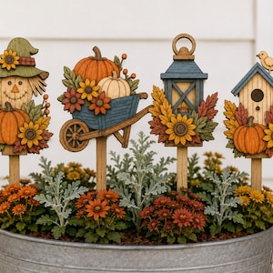 Ensemble SVG de tuteurs pour plantes d'automne | Décoration de jardin d'automne | Fichiers de découpe laser : épouvantail, citrouille, brouette, lanterne, nichoir