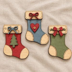 Christmas patchwork stockings Laser Cut Files, 5.5” ornament SVG set of 3 , rustic holiday stockings instant digital download