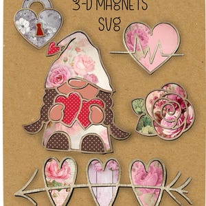 Valentine Gnome hearts rose decor svg laser cut file. valentine magnet set. PDF, SVG, DCX holiday decor instant download  Glowforge cut file