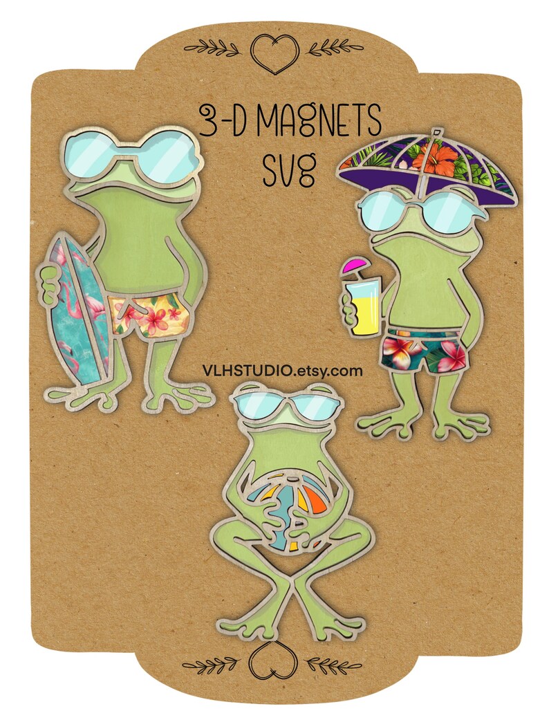 May include: Three 3-D magnets featuring cartoon frogs in sunglasses and swim trunks. One frog holds a surfboard, another a drink, and the third a beach ball. The magnets are on a brown card with the text "3-D MAGNETS SVG" and "VLHSTUDIO.etsy.com".