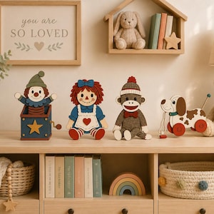 May include: A collection of four wooden toys including a jack-in-the-box with a clown, a rag doll with red yarn hair, a sock monkey, and a pull-along dog on wheels. These decorative figures are arranged in a row on a wooden shelf surface.