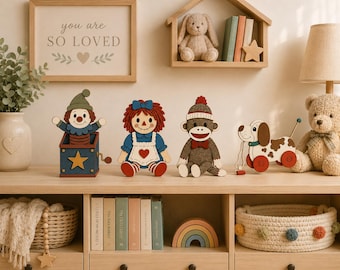 Unpainted retro toy pre-cut wood craft kit | Jack in the Box Sock Monkey Raggedy Doll Pull Dog  decor | nursery DIY | unfinished laser cut