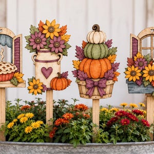 SVG-set met herfstplantenstekers | Bloembak met pompoentaartbloemen in herfstthema | Gelaagde lasergesneden tuindecoratiemagneten
