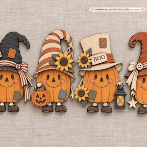 Archivo SVG de figuras de calabazas con cabeza de calabaza para corte láser / juego de 4 calabazas / decoración acogedora de girasoles otoñales / imanes con motivos otoñales / proyectos de corte láser