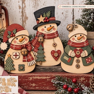 Patchwork Snowmen Volume 1,  unpainted wood Christmas Ornament Set,   Cozy Winter Decor