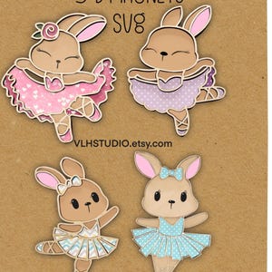3D Ballerina Hase Magnet SVG Set - Schichthase Tänzerin Glowforge Laserschnitt-Datei - Niedliche Ballett-Kaninchen Magnet Schnittdateien für Kinderzimmer Dekor
