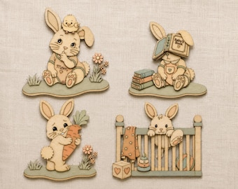 Dioramas de conejitos vintage cortados con láser en madera de abedul (formato SVG). Decoración para habitación infantil. Descarga digital.