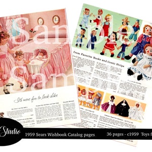 1959 Vintage Christmas Retro Toy Catalog Book Pages Wishbook Girls Toys Dolls play house  collage  vintage ephemera Vintage Christmas Toys