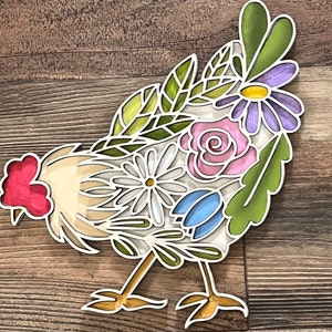 Décoration murale florale 3D de poulet, fichier de coupe SVG double couche de 11 pouces, décoration glowForge, téléchargement immédiat, fichier Lightburn inclus.