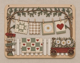 Quilts Clothesline Farmhouse Door sign decor Laser cut , floral wagon Wall hanging, pre-cut Unpainted Wood Craft Kit