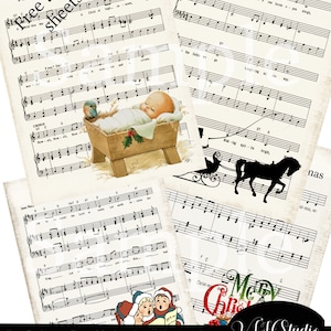 Partituras de Natal vintage, folhas de colagem de coisas efêmeras, música digital, canções de natal, diário lixo, velho, desgastado, vintage, decupagem de Natal