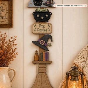 Halloween Witches Broom wall hanging SVG laser file.  Frog crossing Halloween decoration | DIY cozy fall project