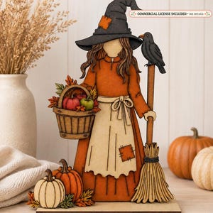 Harvest Witch Shelf Sitter SVG, Fall Witch Laser Cut File, Autumn Pumpkin and Crow Wood Decor, Halloween Digital Download