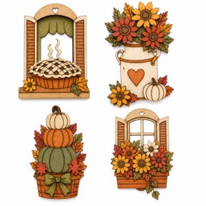 May include: A set of four decorative wooden cutouts featuring autumn themes. One shows a pie in a window, another a milk can with sunflowers and a pumpkin, a third a stack of three pumpkins in a basket, and the fourth a window box with flowers.