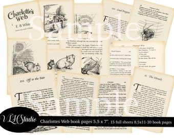 Charlotte's Web Vintage Book Pages, Junk Journal Ephemera (Digital Collage)