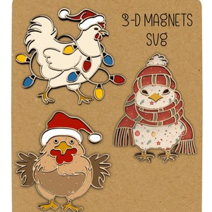 Ensemble d'aimants DCX svg poulets de Noël. Décorations de Noël au poulet. Étiquettes volantes de fichier SVG DCX.  Limes prêtes à être découpées au laser Glowforge, lot d'aimants.