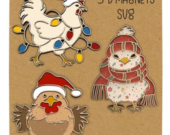 Christmas chickens svg DCX magnet set. Chicken Christmas ornaments. SVG DCX file hang tags.  Laser ready cut files Glowforge, magnet set.