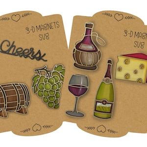 Ensemble d'aimants svg laser bouteille de vin. Étiquettes cadeaux pour bouteilles de vin. Fichier SVG.  Fichiers prêts à être découpés au laser Glowforge, svg laser, ensemble d'aimants. Tire-bouchon raisin