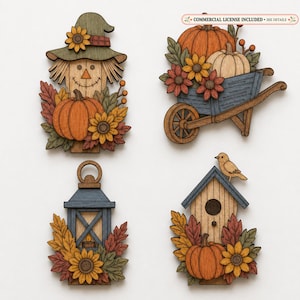 Fall magnets Set | Autumn Garden Decor | Scarecrow Pumpkin Wheelbarrow Lantern Birdhouse Laser Cut Files tier tray accents