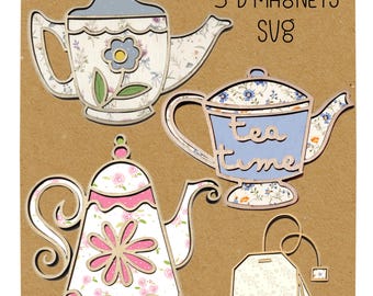 Dainty teapots svg magnet set. SVG coquette teapots christmas  ornaments. SVG file hang tags.  Laser ready cut files Glowforge, laser svg