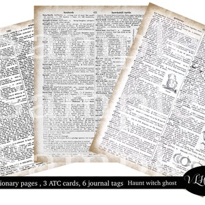 pages de dictionnaire Haunt Witch Ghost CARTES ATC Tags Digital Collage sheets Imprimable Digital Download junk journal supplies vintage