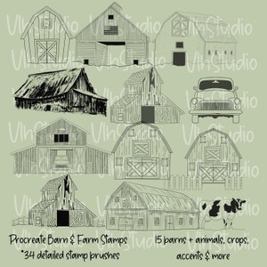 34 procreate stamp brush set. Barn, farmhouse, set for Procreate! Digital stamps, Beautiful detailed barns, crops, animals and more