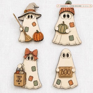 Halloween Ghost Precut Wood Craft Kit | Cute Patchwork Ghosts | DIY Paint Your Own Laser Cut Wood Set
