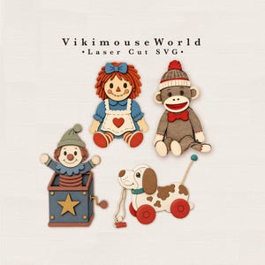 Könnte beinhalten: Vikimouse World Laser Cut SVG zeigt vier hölzerne Spielzeug-Ausschnitte: eine rothaarige Puppe im blauen Kleid, einen braunen Sockenaffen mit roter Mütze, einen Clown in einer blauen Box mit gelbem Stern und einen weiß-braunen Zughund auf roten Rädern.