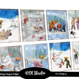 Cartões ATC digitais Boneco de neve gelado Folha de colagem digital ATC digital para impressão Download Inverno Natal Imagem digital ACEO