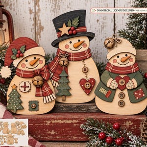 Patchwork Snowmen SVG File Set, Christmas Ornament  Laser Cut File, Rustic Winter Decor