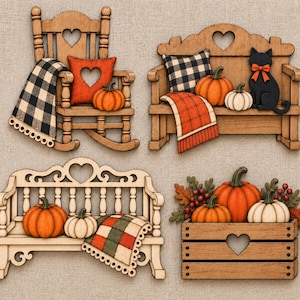 Fall Porch SVG Bundle, Autumn Rocking Chair & Bench, Pumpkin Crate Laser Cut Files, Farmhouse Fall Decor SVG