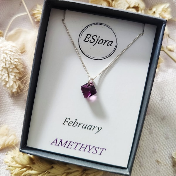 February birthstone, Birthday gift, Valentines day gift, Gifts for her, charm necklaces, crystal necklace, Amethyst, bridesmaid gift, silver