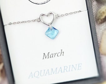 Aquamarine Heart Bracelet: Sterling Silver March Birthstone Gift