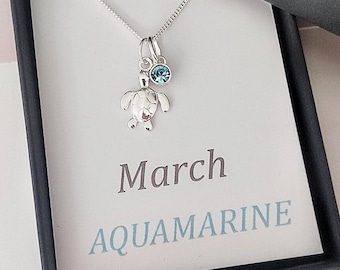 Personalised Sterling Silver Turtle Necklace with Birthstone Charm, Beachy Jewelry, Nautical Necklace, Ocean-Inspired Jewelry, Gifts for her