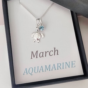 Gepersonaliseerde sterlingzilveren schildpadketting met geboortesteenbedel, strandsieraden, nautische ketting, oceaangeïnspireerde sieraden, cadeaus voor haar