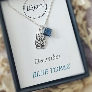 Personalised owl necklace, birthstone necklace, birthday gift, unique gift, christmas gift, gifts for her, crystal, custom, december, blue