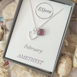Heart charm necklace, birthstone necklace, birthday gift, Christmas gift, gift for her, couple gift, mum gift, February Birthstone, Amethyst