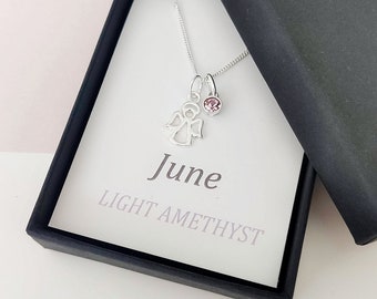 Personalized Sterling Silver Angel Necklace with Birthstone