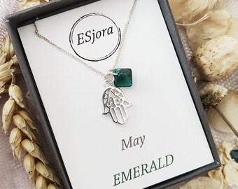 Hamsa hand - May birthstone necklace, birthday gift, Christmas gift, gifts for her, Emerald, personalised jewelry, gifts for mum, gift women